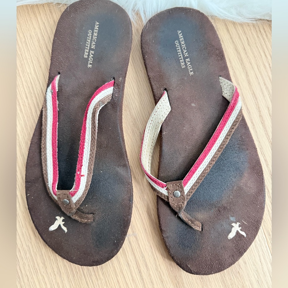 American Eagle Outfitters Brown Suede Sandal Flip Flops with Red & Cream Straps